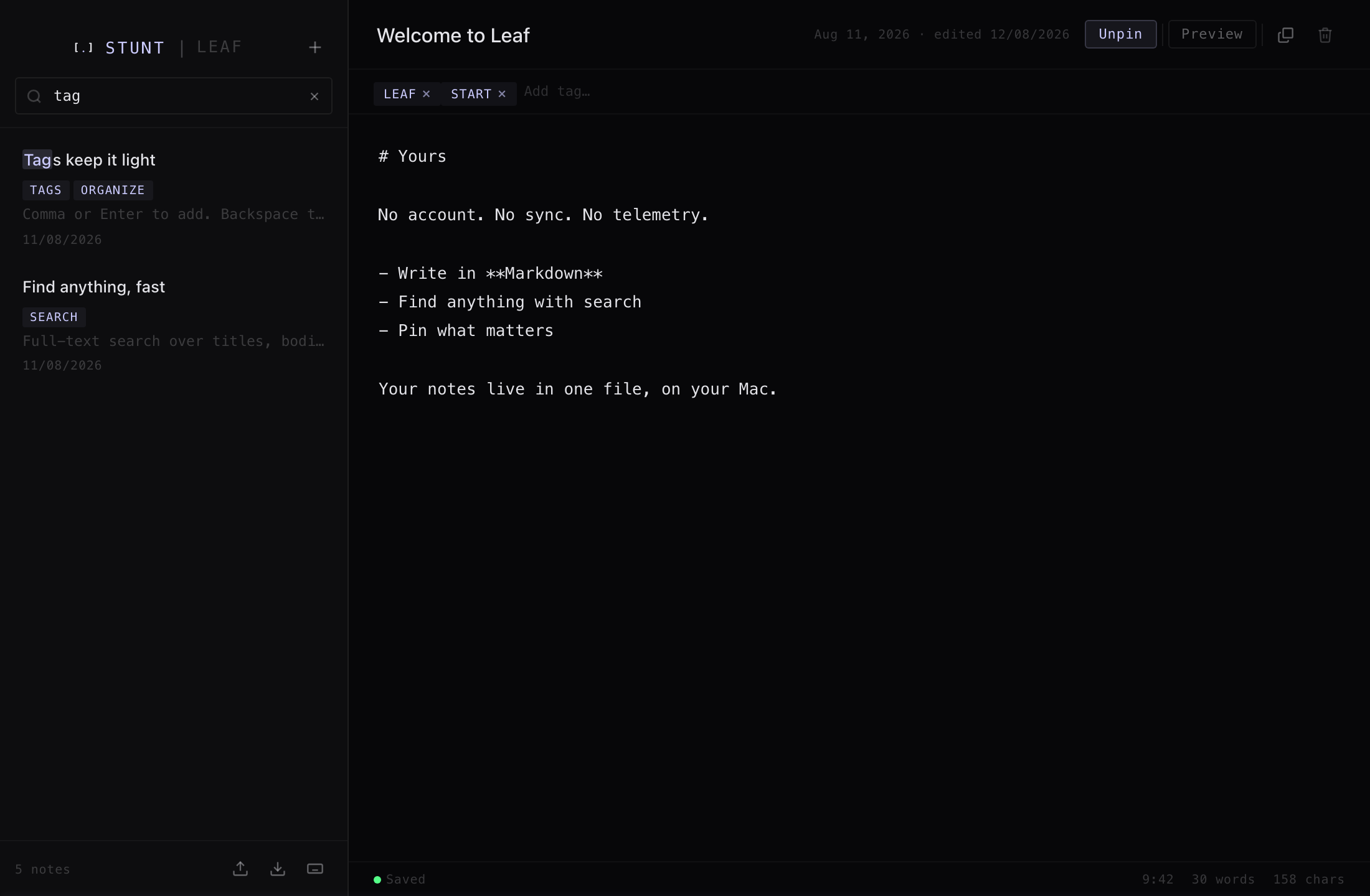 Searching notes in STUNT Leaf